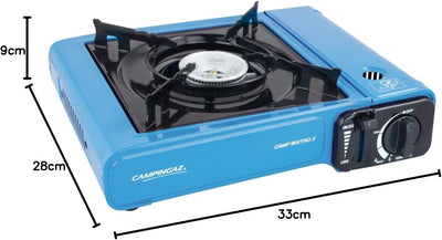 Campingaz Bistro 2 Portable Camp Stove with dimensions 33cm x 28cm x 9cm, ideal for outdoor cooking and camping.