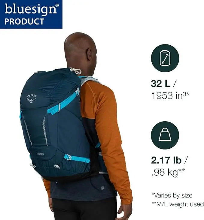 Osprey Hikelite 32 - Black backpack with AirSpeed ventilation and 32-liter capacity, ideal for hiking. Shown on hiker.