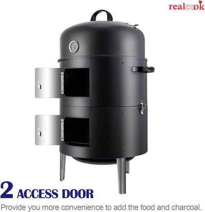 Realcook 17-Inch BBQ Vertical Steel Charcoal Smoker separated into its three portable sections for camping