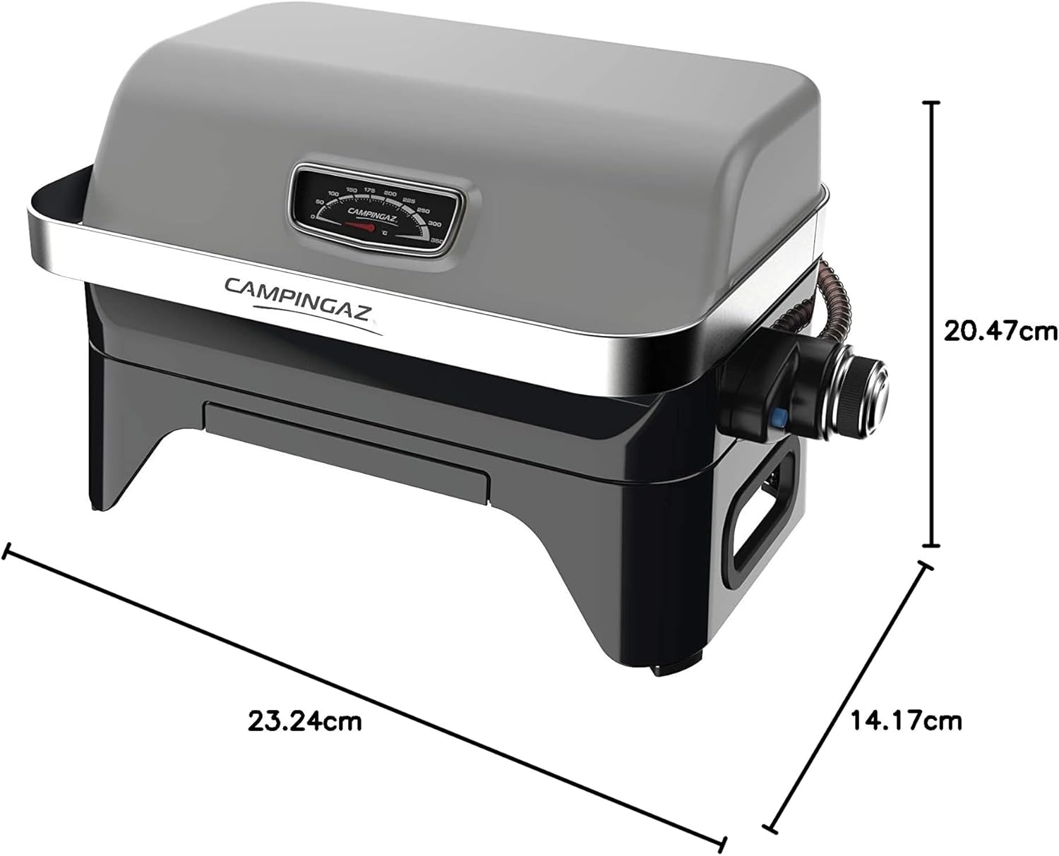 Campingaz Attitude 2go CV tabletop gas grill with dimensions of 23.24cm x 14.17cm x 20.47cm, perfect for portable barbecuing.