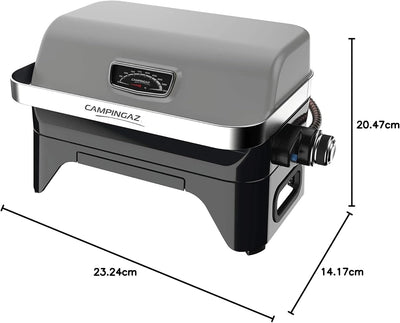 Campingaz Attitude 2go CV tabletop gas grill with dimensions of 23.24cm x 14.17cm x 20.47cm, perfect for portable barbecuing.