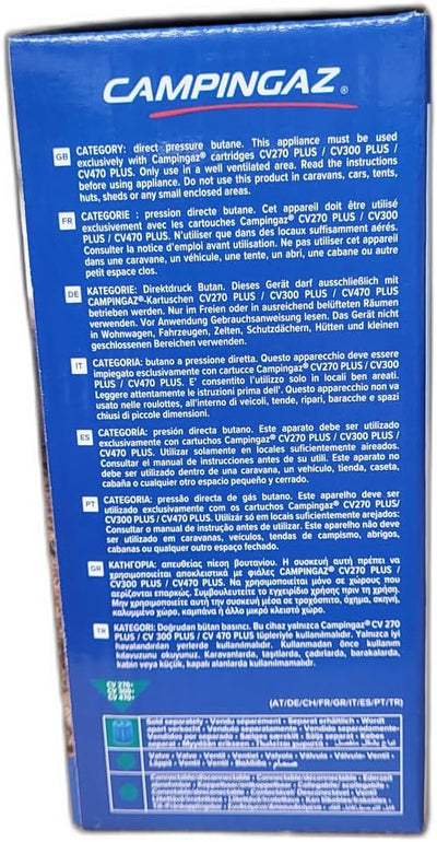 Side view packaging of Campingaz Twister Plus PZ Stove showing instructions and specifications