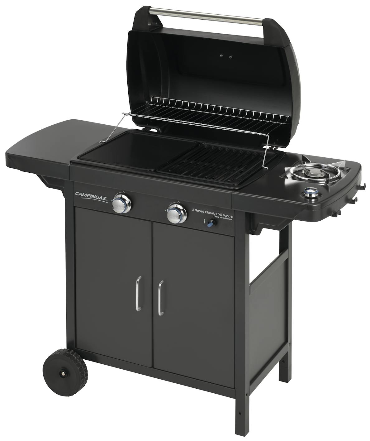 Campingaz 2 Series EXS Vario D Gas Grill with open lid, side burner, and storage cabinet, ideal for outdoor cooking in the UAE.