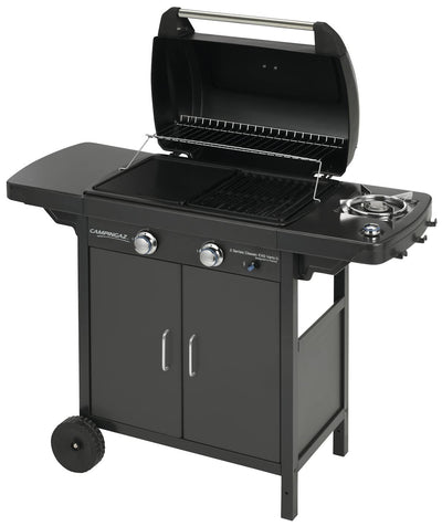 Campingaz 2 Series EXS Vario D Gas Grill with open lid, side burner, and storage cabinet, ideal for outdoor cooking in the UAE.