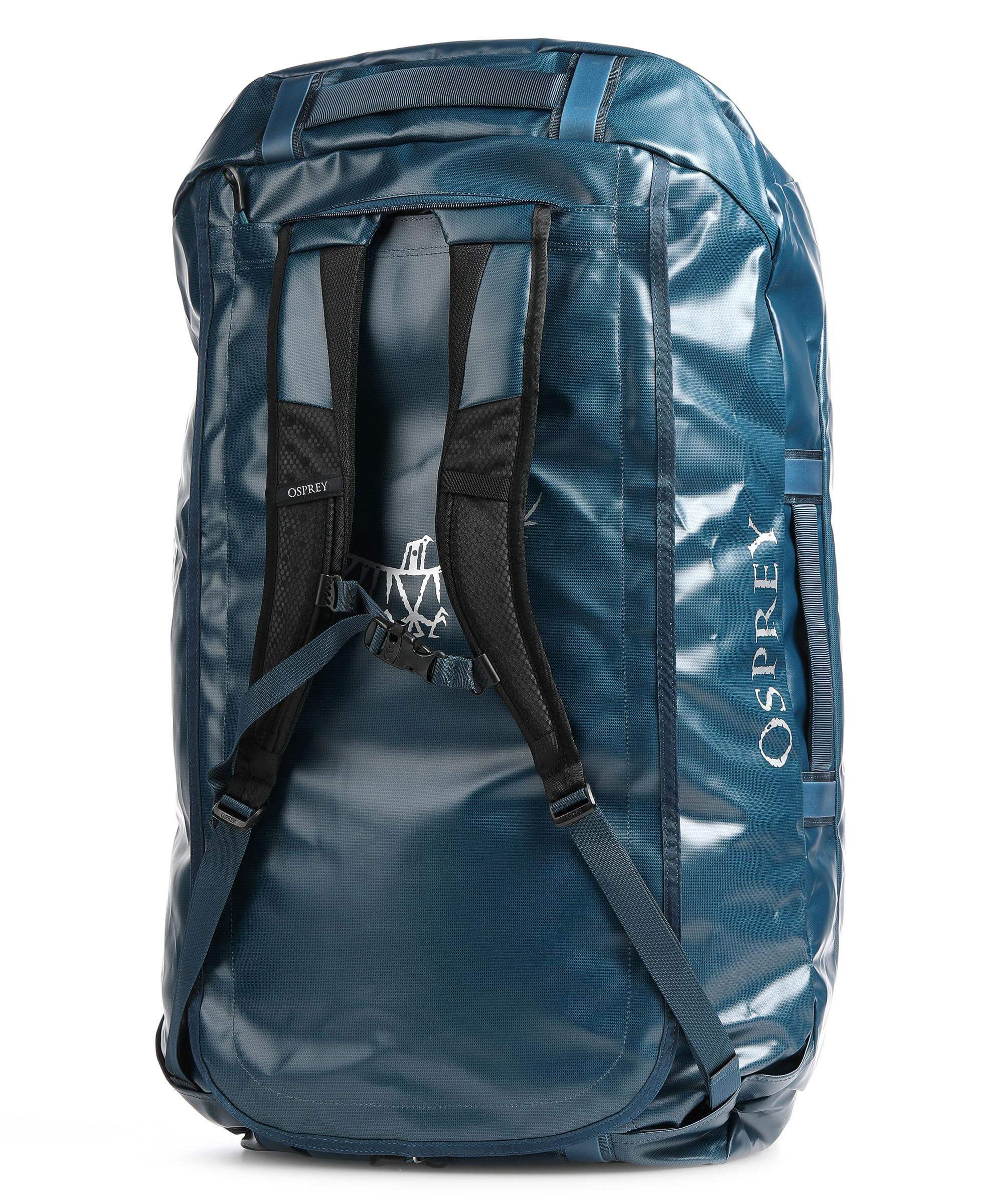 Osprey Transporter Duffel 120 in blue, durable and weather-resistant, ideal for travel and heavy gear with stowaway harness.