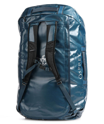 Osprey Transporter Duffel 120 in blue, durable and weather-resistant, ideal for travel and heavy gear with stowaway harness.