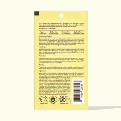 Sun Bum Revitalizing Hair Mask packaging featuring deep conditioning ingredients for damaged hair.