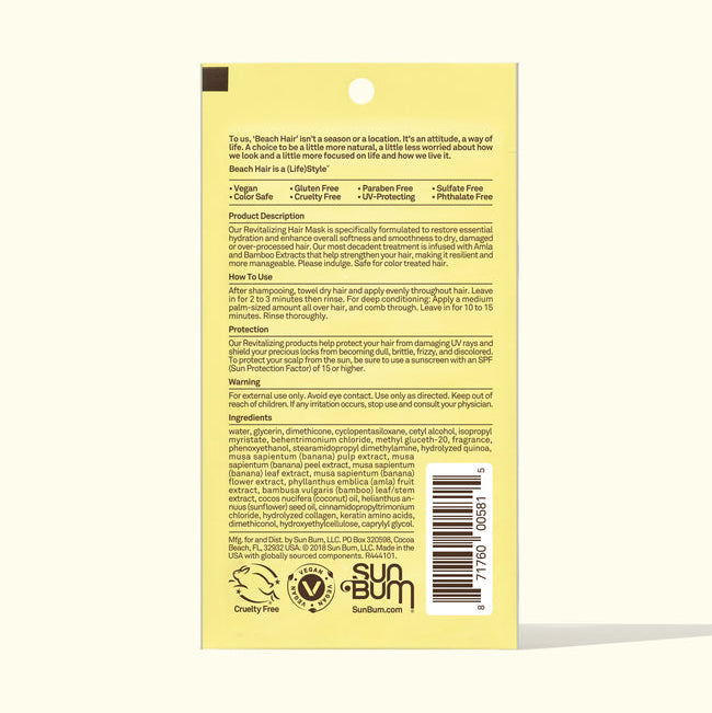 Sun Bum Revitalizing Hair Mask packaging featuring deep conditioning ingredients for damaged hair.