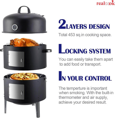 Realcook 17-Inch BBQ Vertical Steel Charcoal Smoker fully assembled