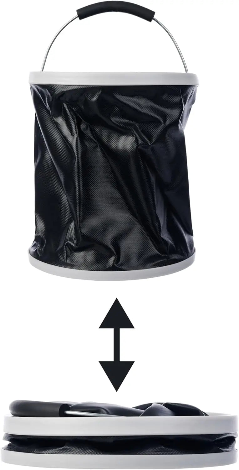 Hygiene Collective Folding Bucket - 8L portable collapsible water carrier for outdoor use, shown in folded and unfolded positions.
