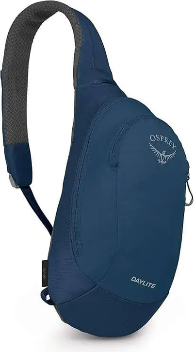 Osprey Daylite Sling in blue with cell phone sleeve, dual zippers, and daisy chain details. Comfortable, breathable spacermesh design.