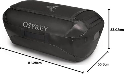Osprey Transporter Duffel 120 in black, weather-resistant fabric with stowaway harness, perfect for travel and gear storage.