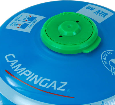 Close-up of Campingaz CV470 Plus Gas Cartridge, featuring easy click connection for outdoor stoves.