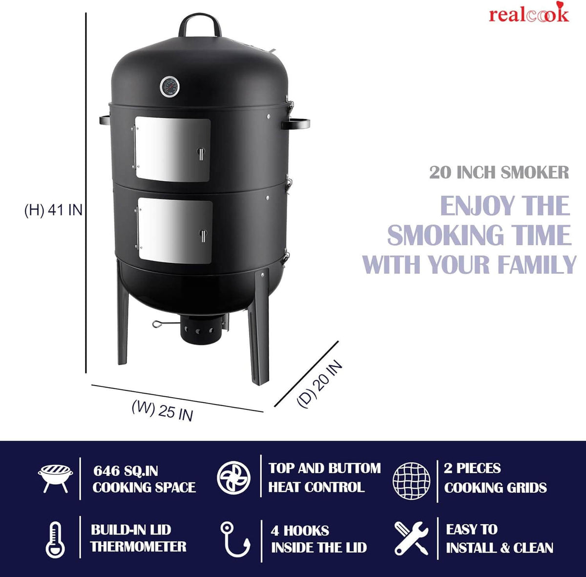 Realcook 20-Inch BBQ Vertical Steel Charcoal Smoker with built-in thermometer and cooking grids, ideal for wood-fired cooking.