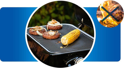 Campingaz Attitude 2go CV Tabletop Gas Grill with burgers and corn grilling outdoors