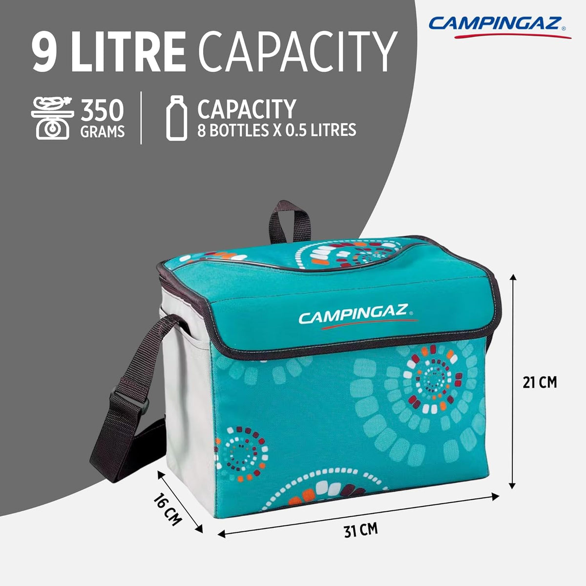 Campingaz Ethnic MiniMaxi 9L Soft Cooler Bag showing 9 litre capacity and dimensions 31x16x21 cm.