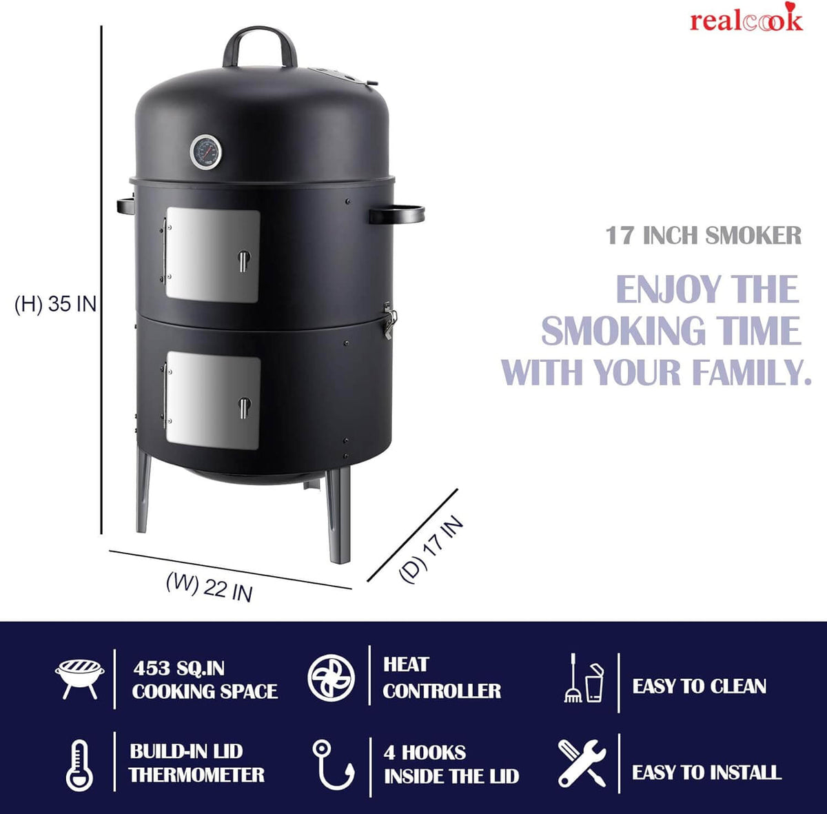 Realcook 17-Inch BBQ Vertical Steel Charcoal Smoker fully assembled