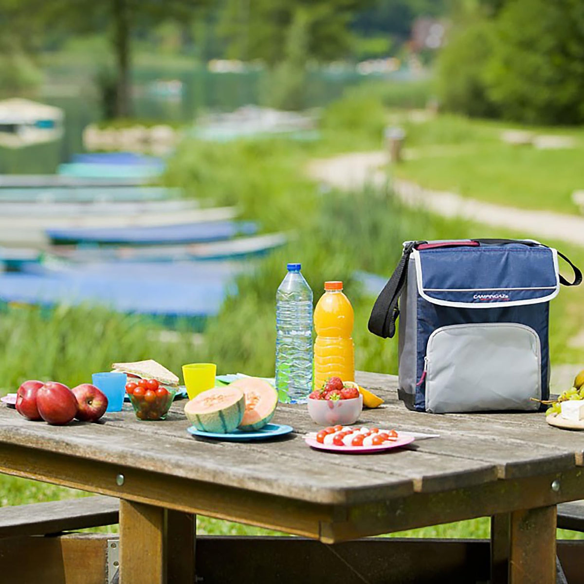 Campingaz Fold'N Cool Cooler Bag on picnic table by lakeside with fruits and beverages