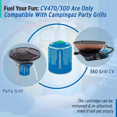 Campingaz CV470 Plus Gas Cartridge with Party Grill and 360 Grill CV, compatible for outdoor cooking