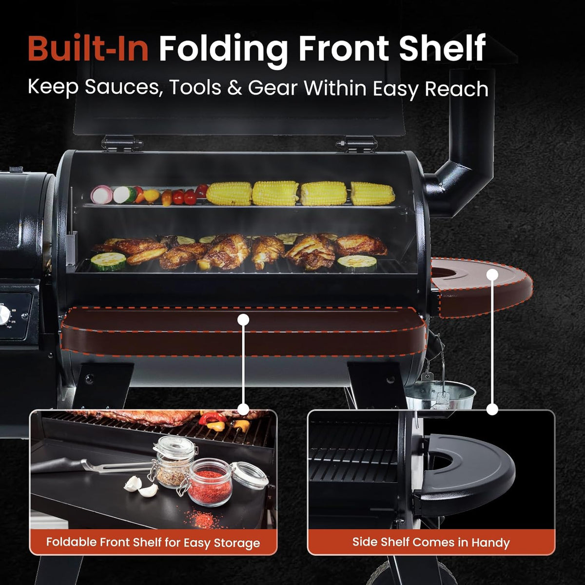 Z Grills Wood Pellet Grill and Smoker 450A with built-in folding front shelf for convenient storage and easy grilling access.