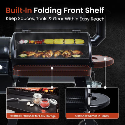 Z Grills Wood Pellet Grill and Smoker 450A with built-in folding front shelf for convenient storage and easy grilling access.