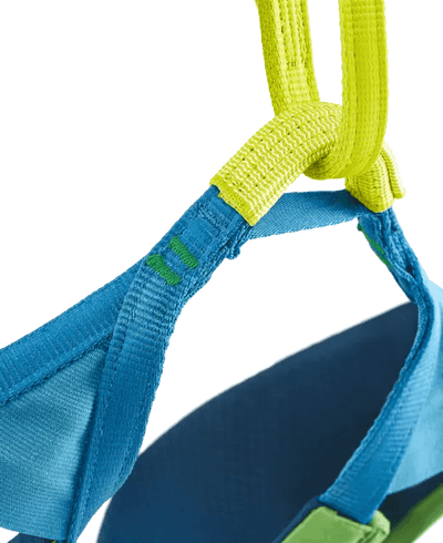Close-up of Edelrid Jay sit harness showing blue and yellow straps, designed for versatile climbing adventures.