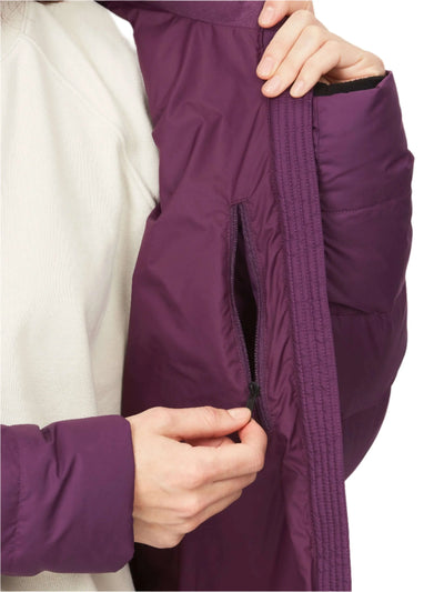 Close-up of Marmot Ithaca Jacket showing the interior pocket detail on the women's down coat in purple color.