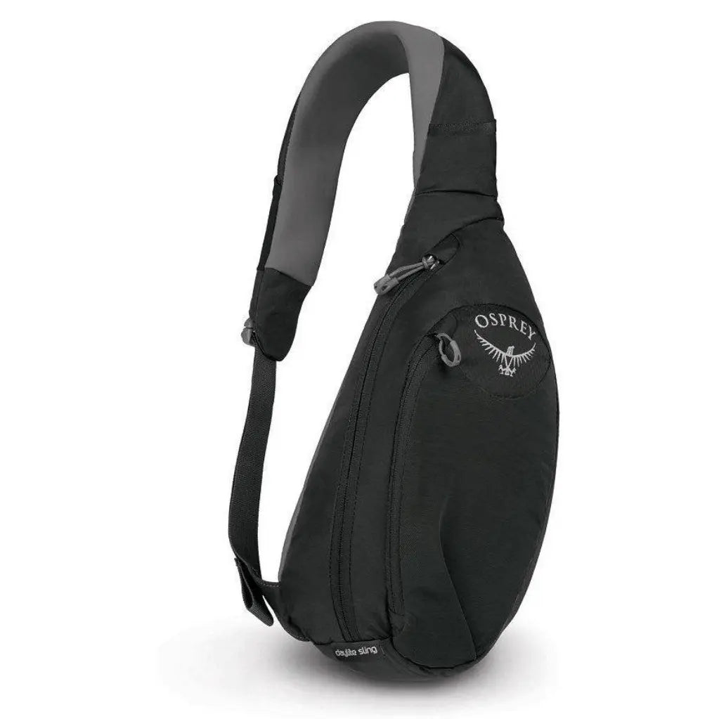 Osprey Daylite Sling in black, featuring a redesigned ambidextrous carry with cell phone sleeve, dual side zippers, and daisy chain details.
