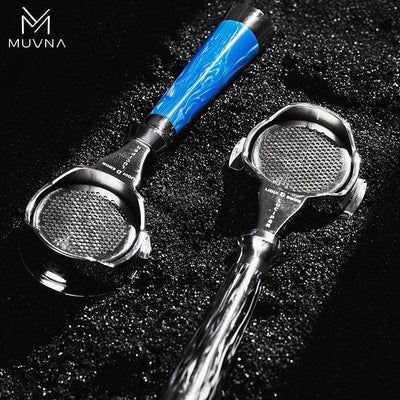 Muvna Lucifer Bottomless Portafilter 58mm Black Resin shown on textured surface