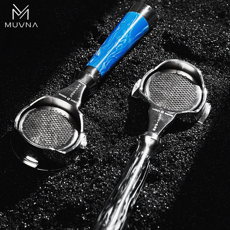 Muvna Lucifer Bottomless Portafilter 58mm Black Resin shown on textured surface