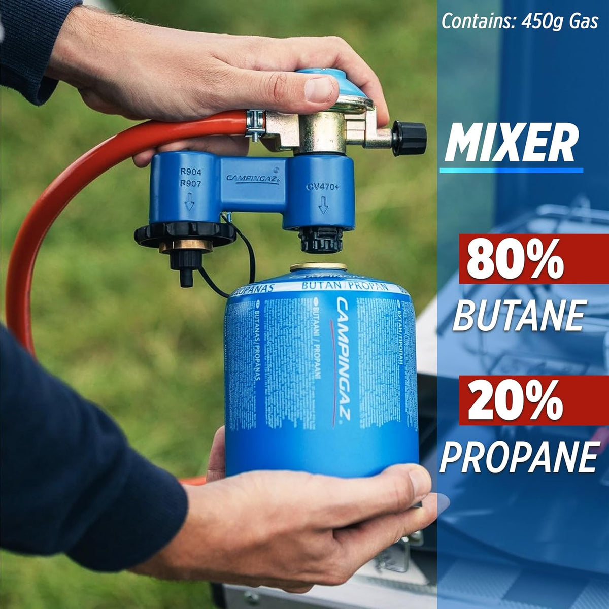 Campingaz CV470 Plus Gas Cartridge - 450g displayed with gas mixer setup, contains 80% butane and 20% propane for outdoor cooking.