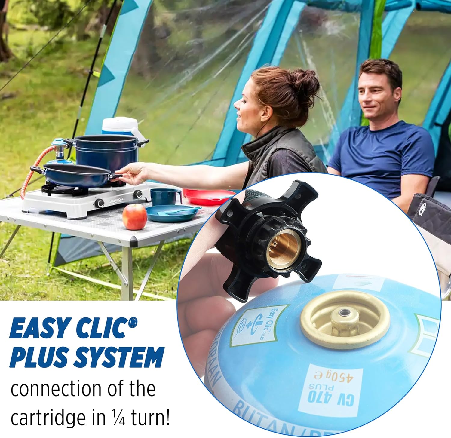 Campingaz CV470 Plus Gas Cartridge used in an outdoor camping stove setup with Easy Clic Plus system.