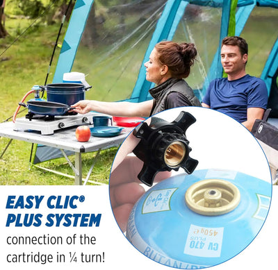Campingaz CV470 Plus Gas Cartridge used in an outdoor camping stove setup with Easy Clic Plus system.