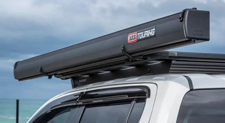 Black ARB Aluminium Awning with LED Light Kit - 2m x 2.5m mounted on vehicle