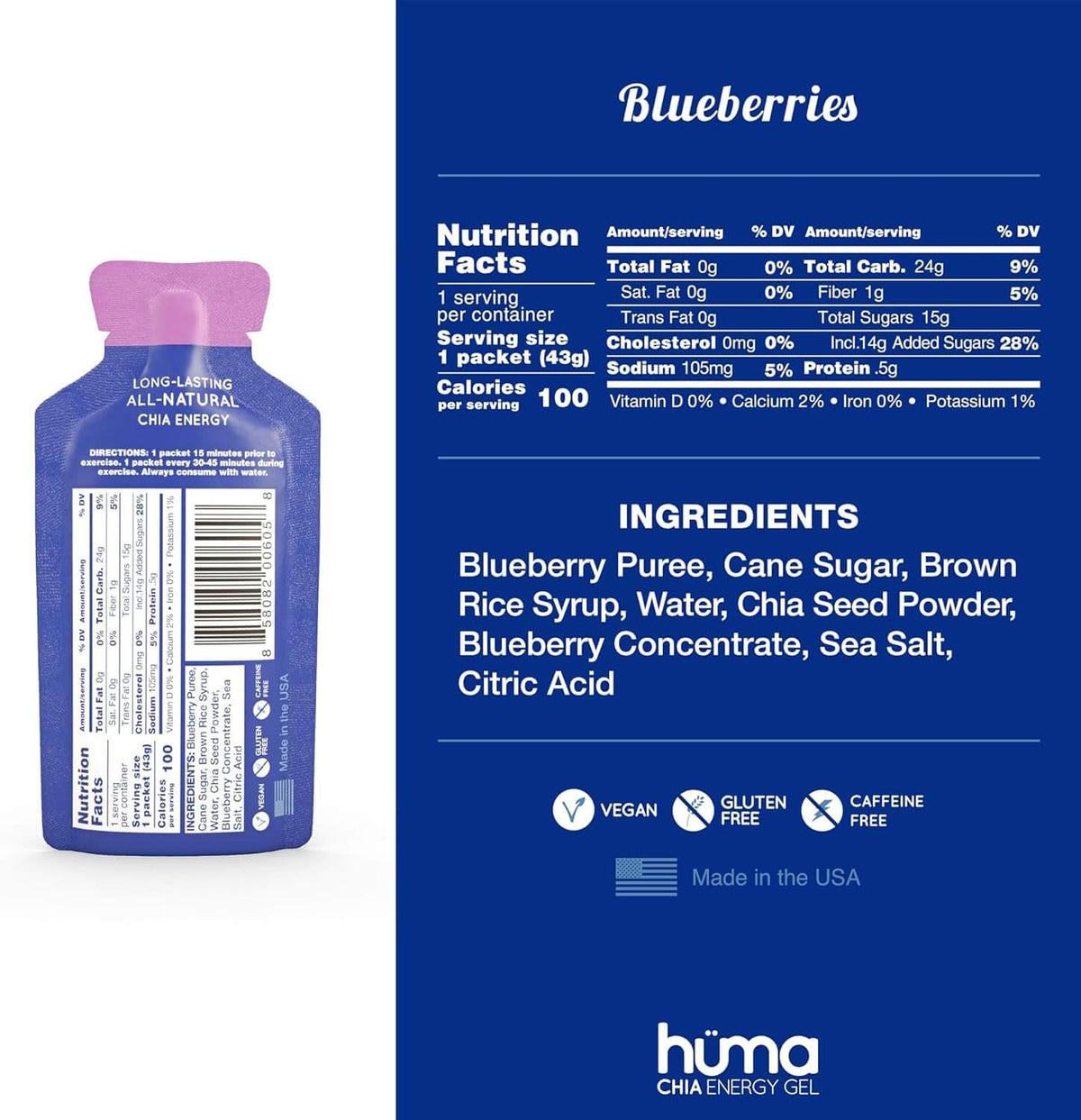 Huma Chia Energy Gel - Blueberries packaging with nutrition facts and ingredients list, 43g all-natural endurance gel.