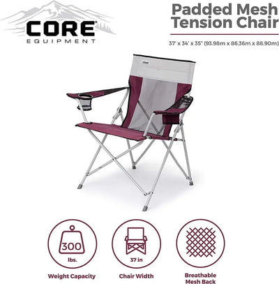Core Equipment Tension Mesh Chair featuring 300 lbs capacity and breathable mesh back for camping comfort.