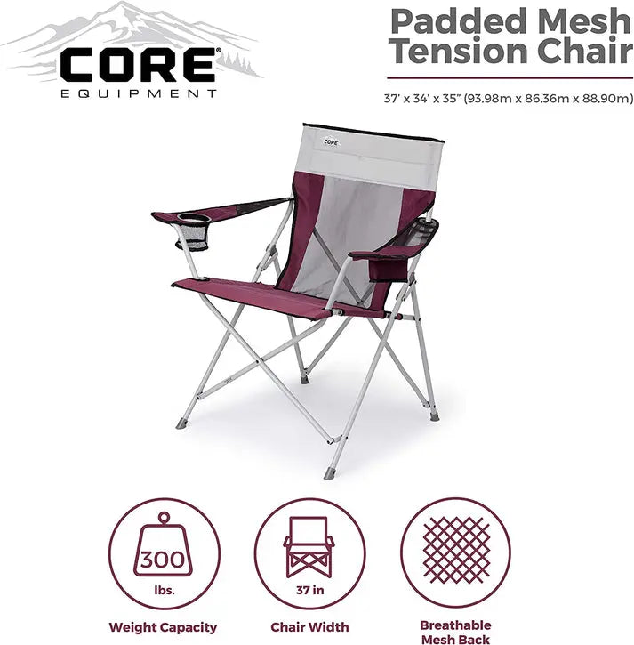 Core Equipment Tension Mesh Chair featuring 300 lbs capacity and breathable mesh back for camping comfort.