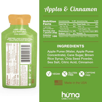 Packaging of Huma Chia Energy Gel - Apple and Cinnamon with ingredients and nutrition facts, 43g pouch.