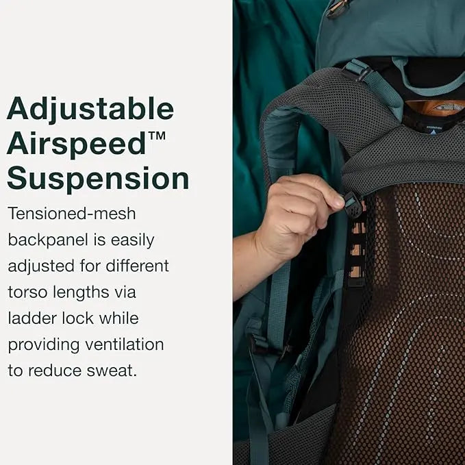 Close-up of Osprey Renn 50L - Women’s pack showcasing adjustable Airspeed suspension system with tensioned mesh backpanel.