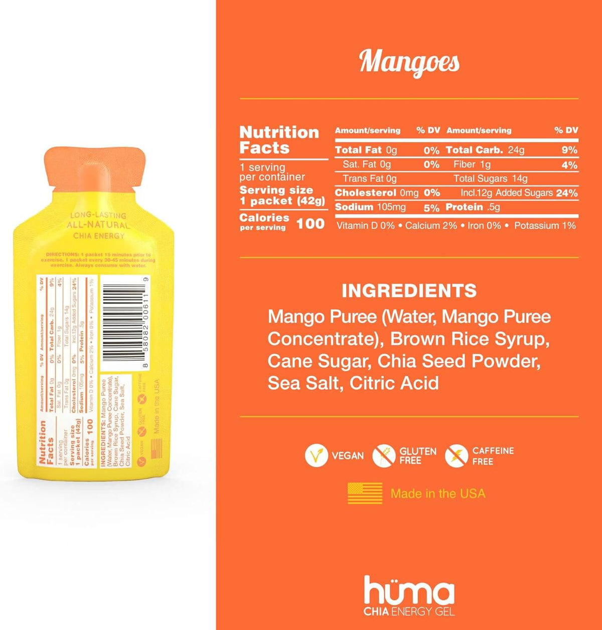 Huma Chia Energy Gel - Mangoes - 42g package with ingredients and nutrition facts displayed.