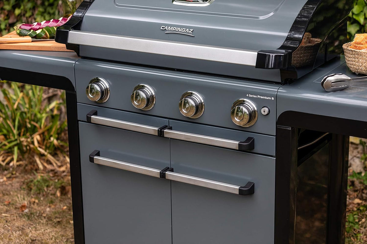 Close-up of Campingaz 3 Series Premium S Gas Grill with three burners, perfect for outdoor cooking and family gatherings.