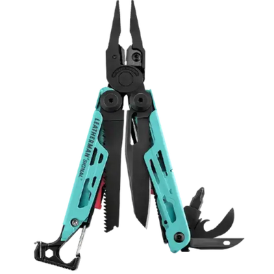Leatherman Signal Multi-Tool with 19 essential tools displayed for survival