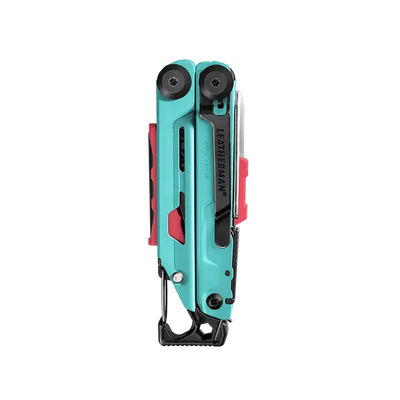 Leatherman Signal Multi-Tool displayed in closed position, perfect for survival tasks in rugged terrains. Includes 19 essential tools.