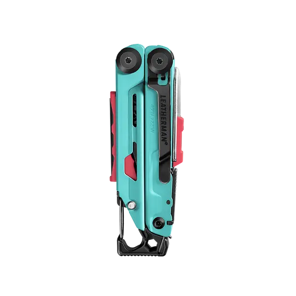 Leatherman Signal Multi-Tool displayed in closed position, perfect for survival tasks in rugged terrains. Includes 19 essential tools.