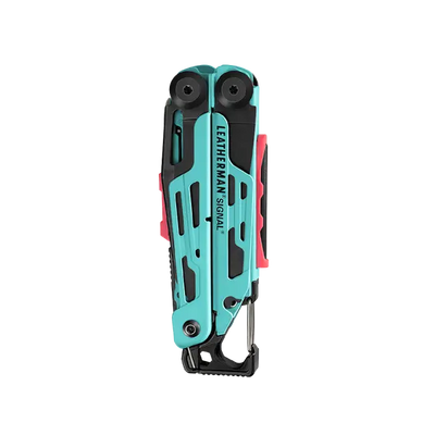 Compact Leatherman Signal Multi-Tool in a display box, versatile for UAE terrains with 19 essential tools, shown folded.