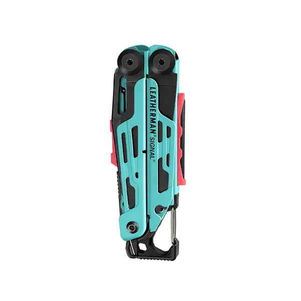 Compact Leatherman Signal Multi-Tool in a display box, versatile for UAE terrains with 19 essential tools, shown folded.