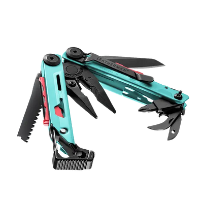 Leatherman Signal multi-tool with 19 essential tools shown open, ideal for survival and adventures in UAE landscapes, in display box.