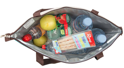 Contents inside the Campingaz Ethnic Shopping 15L Soft Cooler Bag, featuring bottled water, snacks, and fruits.