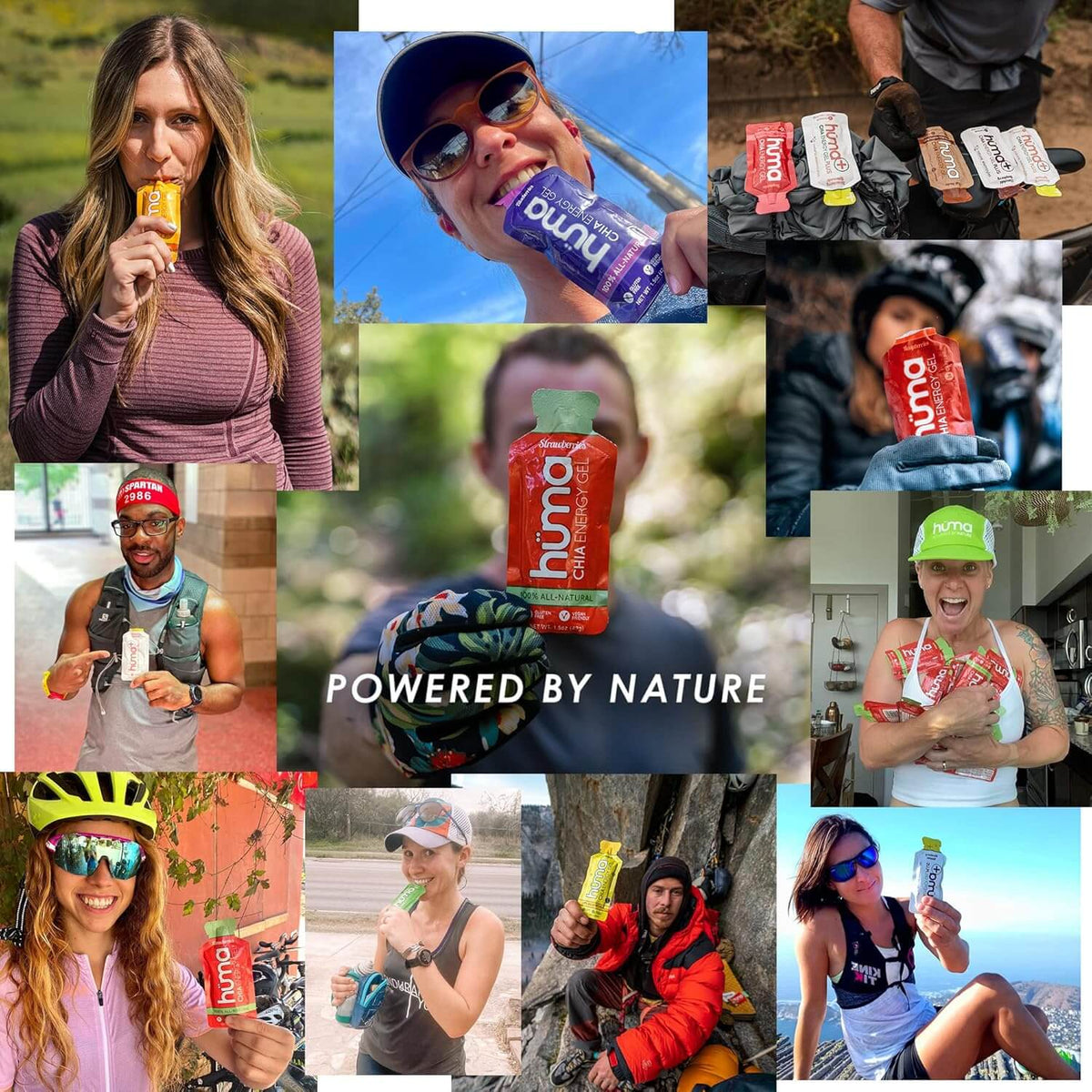 Athletes enjoying Huma Chia Energy Gel Plus - Lemons and Limes in various outdoor settings, highlighting natural energy boost.