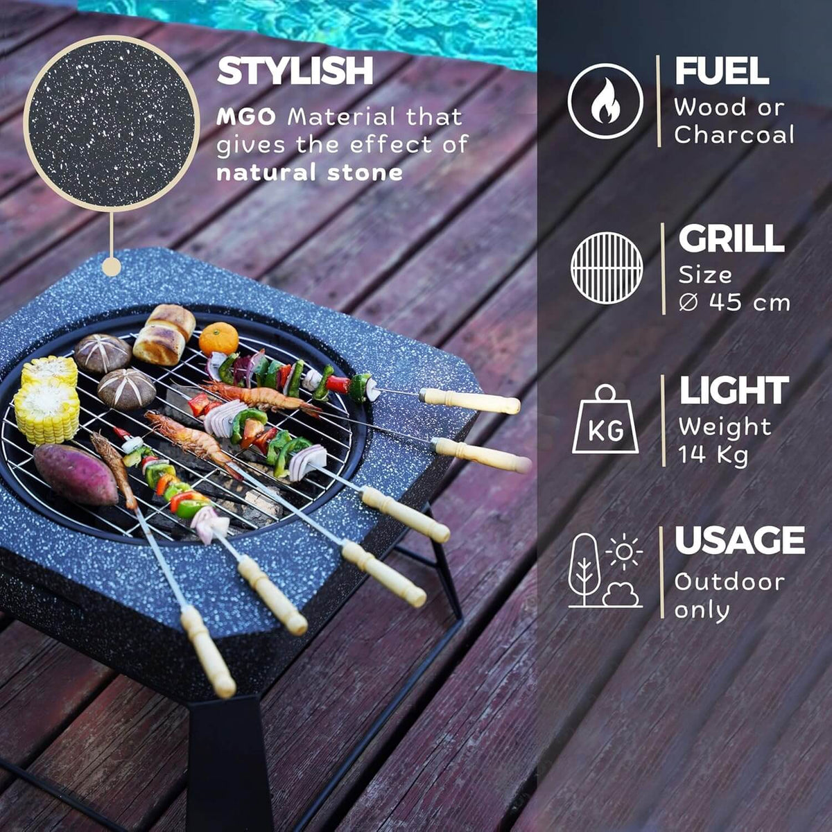 MGO Square Fire Pit burning logs safely at a desert campsite